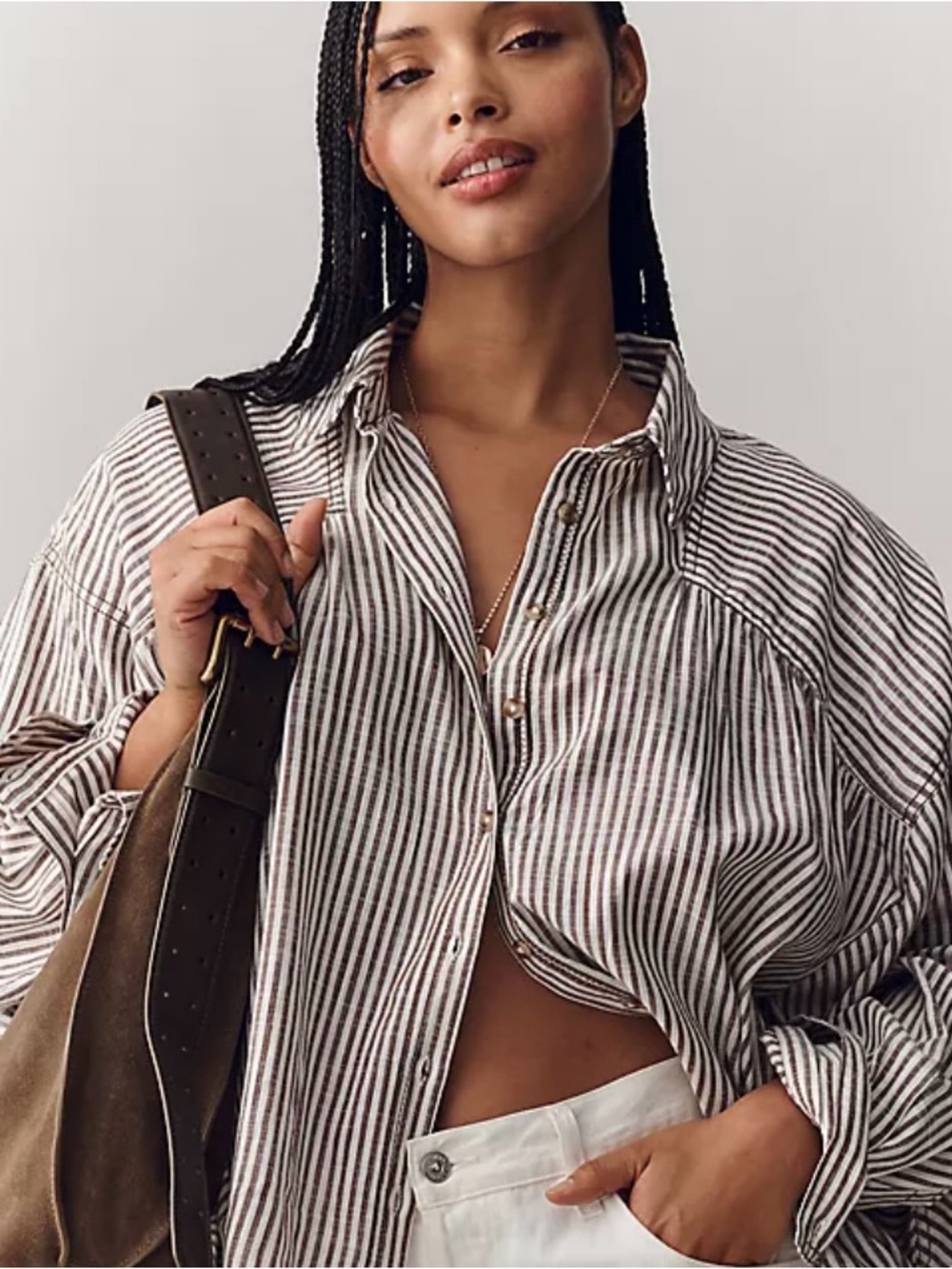 Anthropologie Pilcro Issy Bat-Wing Brown and Cream Striped Button-Down Shirt